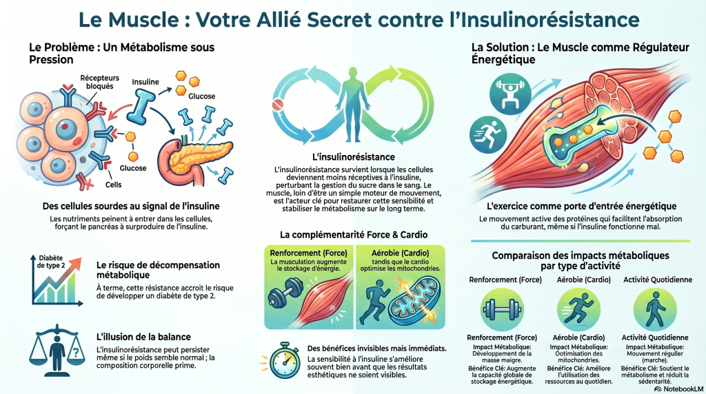 Infographie expliquant le rôle du muscle dans la réduction de l’insulinorésistance : impact de la musculation, du cardio et de l’activité physique sur la sensibilité à l’insuline et le métabolisme énergétique.