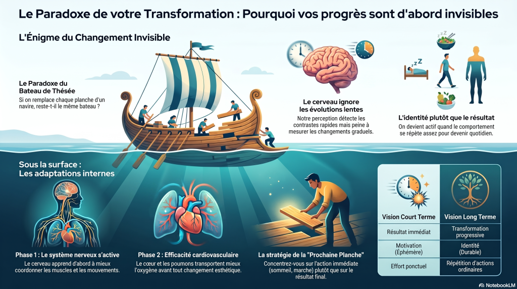Infographie illustrant le paradoxe du bateau de Thésée appliqué à la transformation personnelle. Un navire dont les planches sont remplacées progressivement symbolise les changements invisibles liés au sport et aux habitudes. L’image explique que le cerveau perçoit mal les évolutions lentes, que les premières adaptations concernent le système nerveux et le système cardiovasculaire, et que l’identité se construit par la répétition de comportements. Un tableau compare la vision court terme (résultat immédiat, motivation, effort ponctuel) à la vision long terme (transformation progressive, identité, répétition d’actions). Message clé : se concentrer sur la prochaine habitude à améliorer plutôt que sur le résultat final.